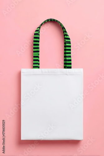 Blank white tote bag with lime green and black striped handles against a pink background