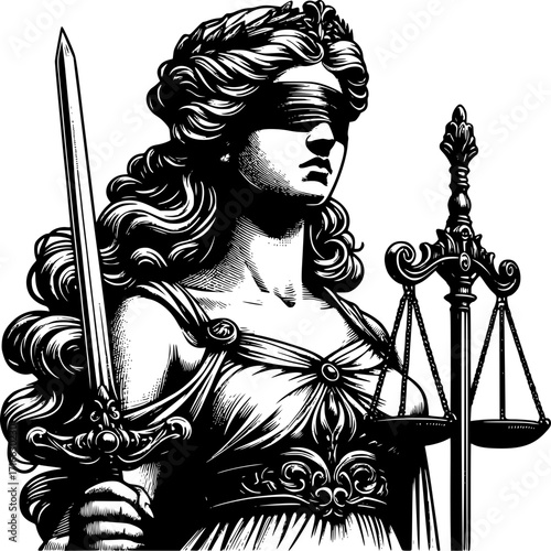 Lady Justice Illustration: An artistic depiction of Lady Justice, the symbol of law and justice, holding the scales of justice and a sword. The blindfold represents impartiality and fairness.