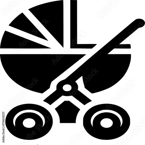 Stroller Icon: A minimalist black and white illustration of a modern stroller, symbolizing parenthood and infant mobility, evoking a sense of simplicity and functionality.