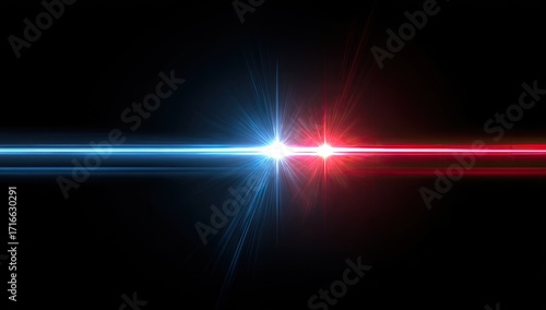 Two vibrant light beams, red and blue, radiating outwards from a central point, against a black background