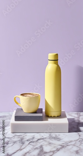 Yellow mug and thermos on marble
