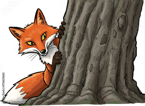 Cartoon red fox, peeking pose, behind tree, yellow eyes, white tail tip, playful animal, forest scene