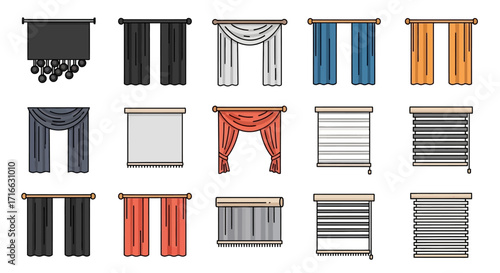 Colorful Cartoon Illustrations of Various Window Coverings, Drapes, Blinds, and Shades.