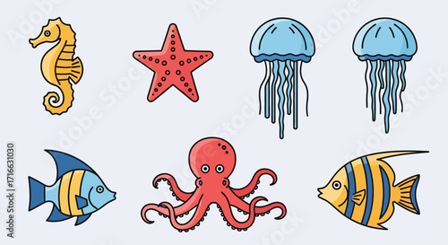 Colorful cartoon sea animal collection with bold outlines, featuring a seahorse, starfish, jellyfish, octopus, and tropical fish.