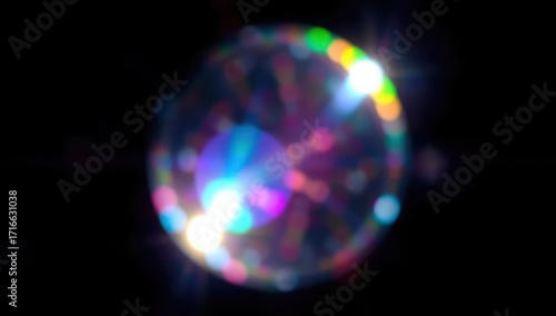 Blurred rainbow refraction overlay effect. Light lens prism effect on black background. Holographic reflection, crystal flare leak shadow overlay. Colorful rainbow disco ball light