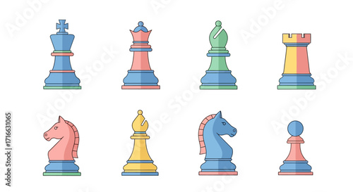 Colorful Chess Pieces Set - King, Queen, Bishop, Rook, Knight, and Pawn.