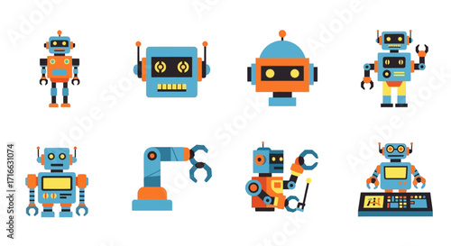 Colorful collection of flat design retro cartoon robots and android characters.