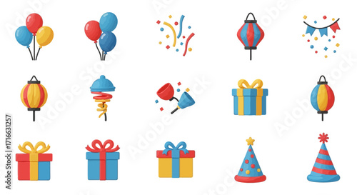 Colorful Flat-Style Party Icons - Balloons, Gifts, Lanterns, and Confetti.