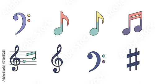 Colorful Hand-Drawn Musical Notes and Symbols with Outlines and Variations.