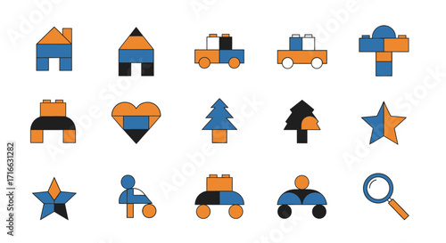 Colorful Geometric Icons Collection Featuring Various Shapes and Designs in Flat Style.
