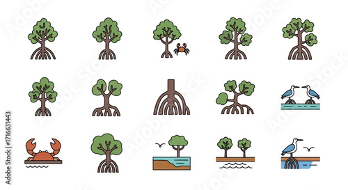 Colorful Mangrove Ecosystem Icon Set with Trees, Prop Roots, and Wildlife.