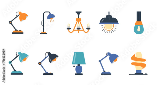 Diverse collection of flat design lamps, including desk, floor, ceiling, and table lights with various shades.