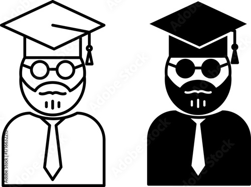 Professor Icons. Black and White Vector Illustrations. Man with Beard, Glasses, Tie, and Graduation Hat. Research Fellow or Lecturer. Teacher and Education Concept