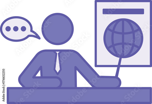 Colored Teach Icon. Vector Illustration. A Teacher in a Tie Conducts a Geography Lesson. A Person Talks, a World Map, a Globe, and a School Pointer. Teacher and Education Concept