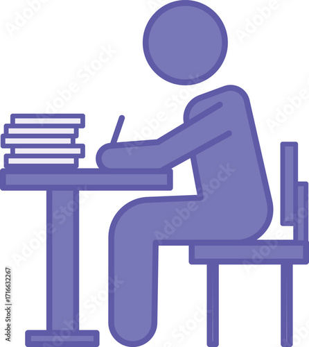 Colored Study Icon. Vector Illustration. Student Sitting at a Desk and Writing. Chair and Books. Teacher and Education Concept