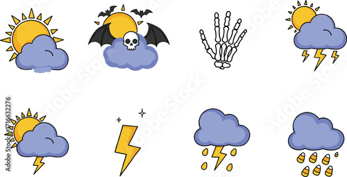 Halloween weather icons set, spooky forecast illustration, cartoon clouds and sun, skull and bats, skeleton hand, storm and rain, funny Halloween meteorology design