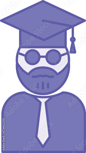 Colored Professor Icon. Vector Illustration. Man with Beard, Glasses, Tie, and Graduation Hat. Research Fellow or Lecturer. Teacher and Education Concept