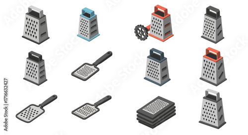 Isometric set of various metal kitchen graters, including box, handheld, and rotary designs with colorful handles.