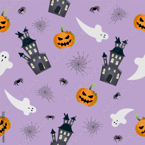 Halloween seamless pattern with spider, web, haunted house, ghost and carved pumpkin on light purple background. Vector illustration for holiday design, packaging, wrapping, textile.