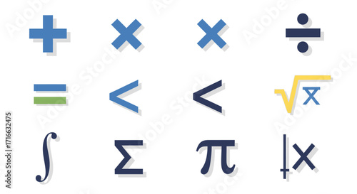 Mathematical Symbols - Addition, Multiplication, Division, Equality, Inequality, Integral, Summation, Pi, Absolute Value.