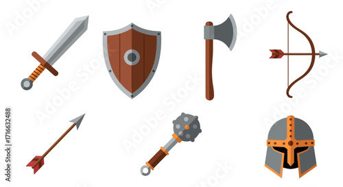 Medieval Weaponry Set - Sword, Shield, Axe, Bow, Arrow, Mace, and Helmet.