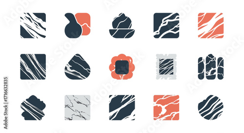 Set of modern abstract graphic elements featuring cracked marble textures and minimalist organic shapes.