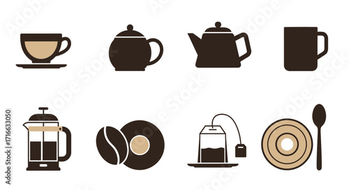Vector Illustration of Coffee and Tea Icons in Various Styles and Shapes.
