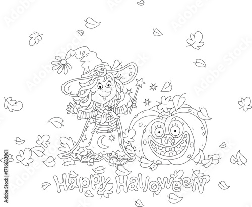 Happy little Halloween witch with her magic wand and a large smiling pumpkin among fallen autumn leaves, black and white vector cartoon illustration for a coloring book