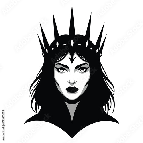 Logo design vector art of dark queen with spiky crown and intense gaze