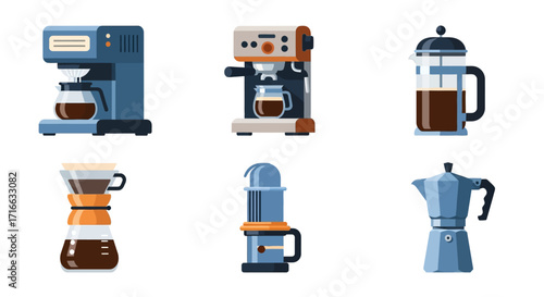 Vector Illustration of Various Coffee Makers and Brewing Devices in Flat Design Style.