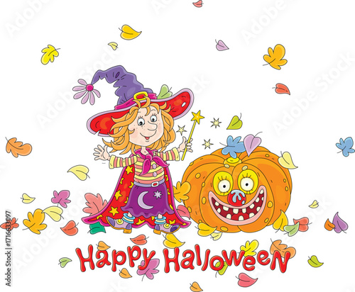Happy little Halloween witch with her magic wand and a large smiling pumpkin among fallen autumn leaves, vector cartoon illustration on a white background