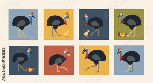 Vibrant Illustrated Cassowaries with Blue Necks, Red Wattles, and Prominent Casques in Diverse Poses.
