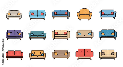 Vibrant Illustrated Sofa and Couch Collection, Diverse Flat Design Furniture Icons Set.