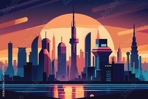 Vector art of a vibrant cityscape silhouette at sunset with a river reflecting the warm colors in a stylized illustration