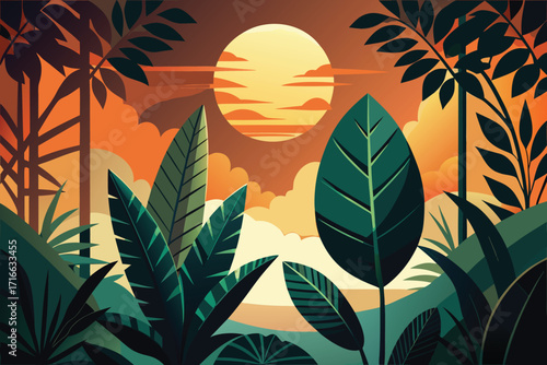 Vector art of lush tropical jungle scene with vibrant green foliage and a warm sunset casting a golden glow over the landscape