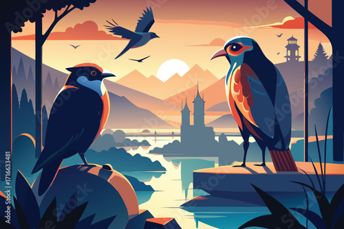 Vector art of scenic landscape with birds perched on rocks overlooking a tranquil lake and distant mountains at sunset