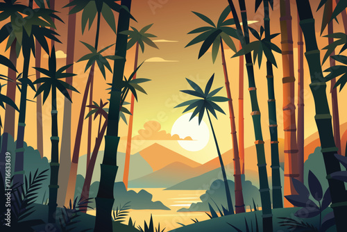 Vector art of a bamboo forest with a river and mountains in the background illustration of a tropical landscape