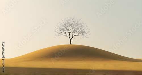 Solitary bare tree stands atop a gentle rolling hill under a soft muted hazy sky at dawn or dusk