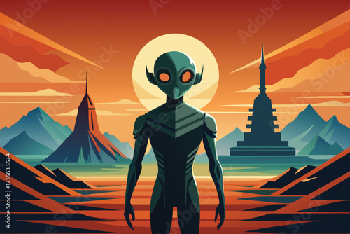 Vector art of an alien standing on a desolate planet with mountains and futuristic buildings under a sunset sky