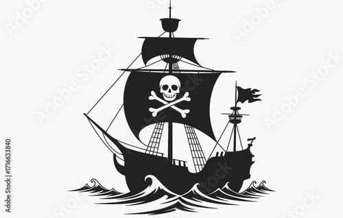 A classic pirate ship silhouette with the Jolly Roger flag, sailing on waves, ideal for adventure, nautical, and historical vector illustration.