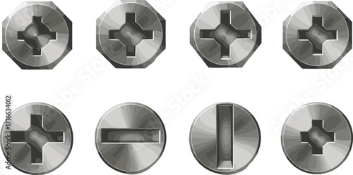Vector illustration of eight screw head types with different drive patterns for hardware, construction, mechanical, and engineering tool identification
