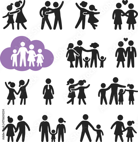 A collection of diverse family and couple icons in a silhouette style, representing love, relationships, and social bonds in a vector illustration.