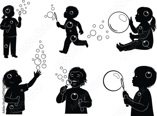 Children blowing bubbles, playful silhouette, outdoor fun, childhood activity, bubble wand, joyful kids, recreation illustration, happy moments, leisure play, vector design