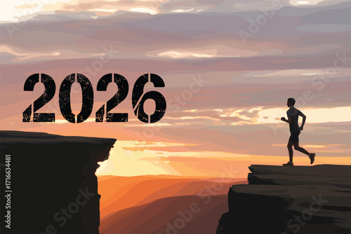 A man running towards a cliff gap with the year 2026, symbolizing determination, new challenges, and overcoming obstacles in the new year.