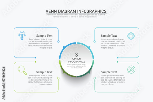 Venn diagram infographic chart template for business 3 parts, options, presentation with venn diagram elements vector illustration.