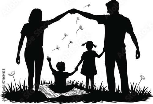 A silhouette of a happy family enjoying a picnic outdoors with dandelions, symbolizing love, security, and carefree childhood moments.