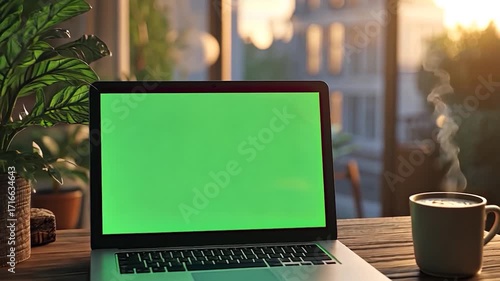 Laptop with blank green screen in office interior. Smooth camera movement around object with bokeh background. Home interior or office