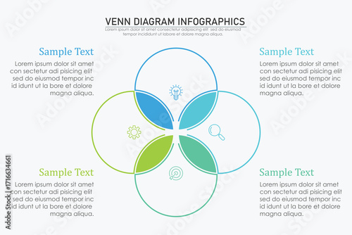 Venn diagram infographic chart template for business 3 parts, options, presentation with venn diagram elements vector illustration.