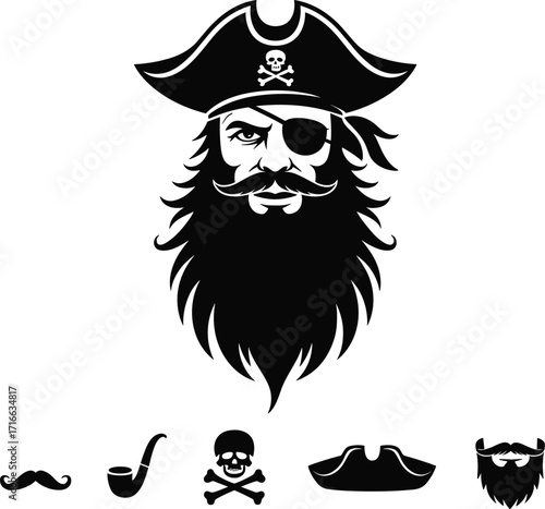 A Vintage pirate face with beard and hat, skull symbol, vector illustration with accessories like mustache, pipe, hat, beard, isolated design