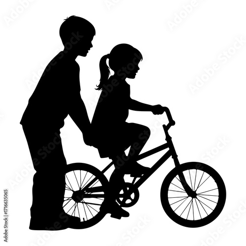 Boy teaching girl to ride bicycle black silhouette